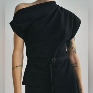 NWT Zara Asymmetric Neckline Belted Top in Black